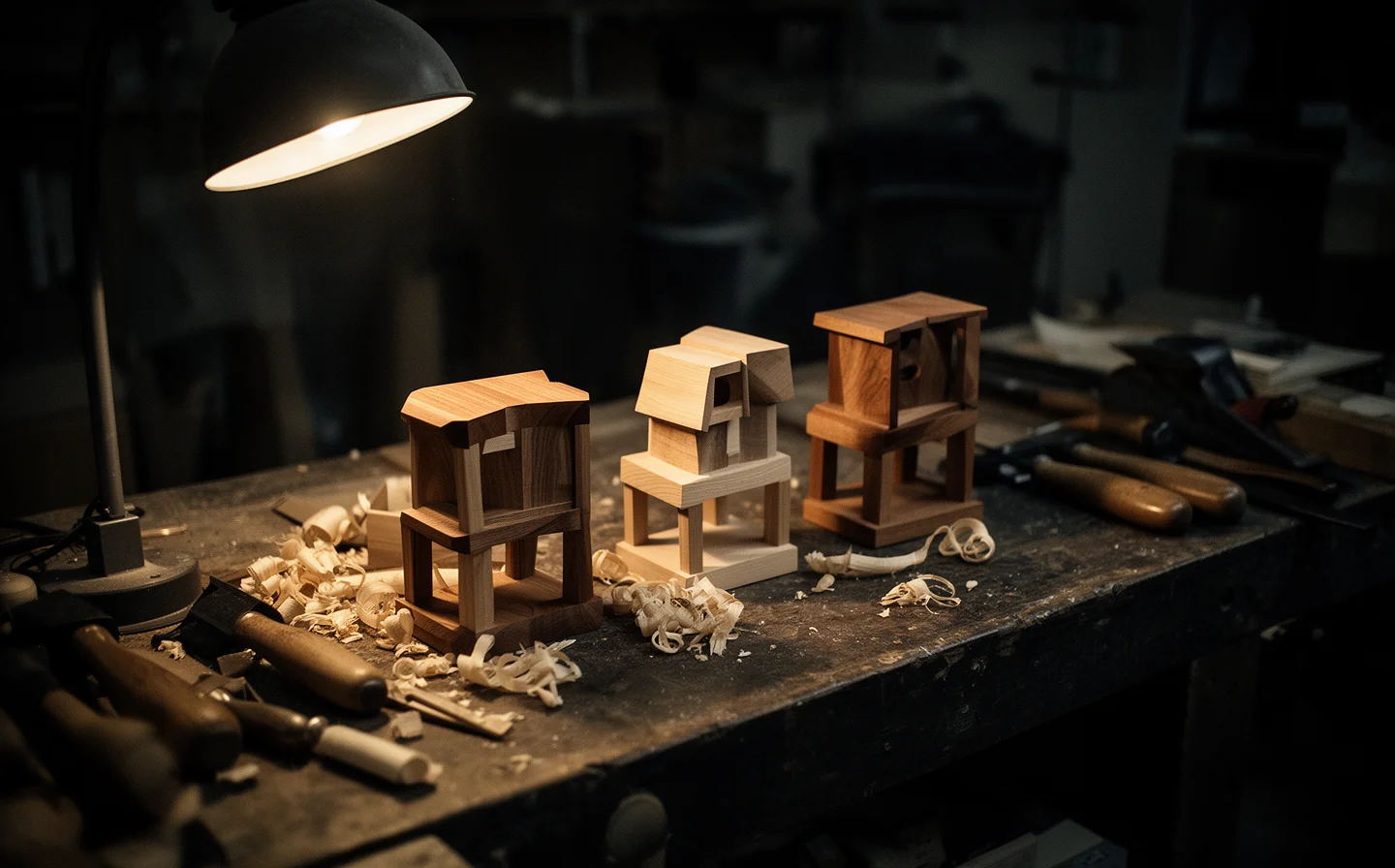 Workshop bench with wooden prototypes at different stages of refinement